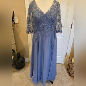 Slate Blue 3/4 Sleeve Lace Chiffon Evening Dress
